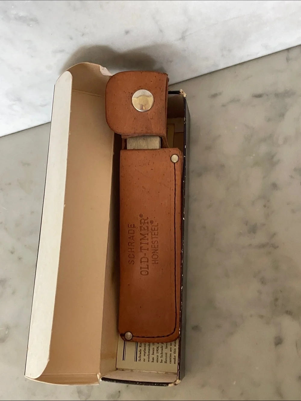 SCHRADE The Old-Timer Silver Honesteel Sharpener & Brown Leather Sheath IOB